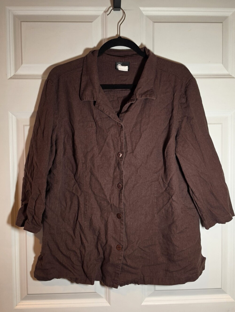 First Option Vintage Brown Linen Rayon Blend 3/4 Sleeve Button Up Top XL